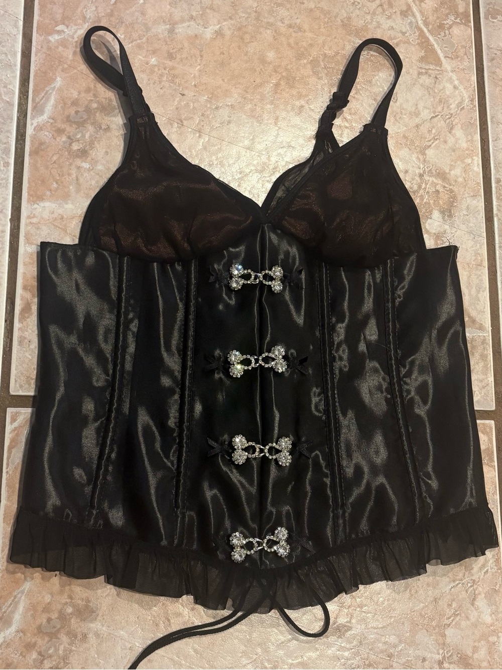 cherry gem leather and mesh satin corset bustier top boning lace up tank